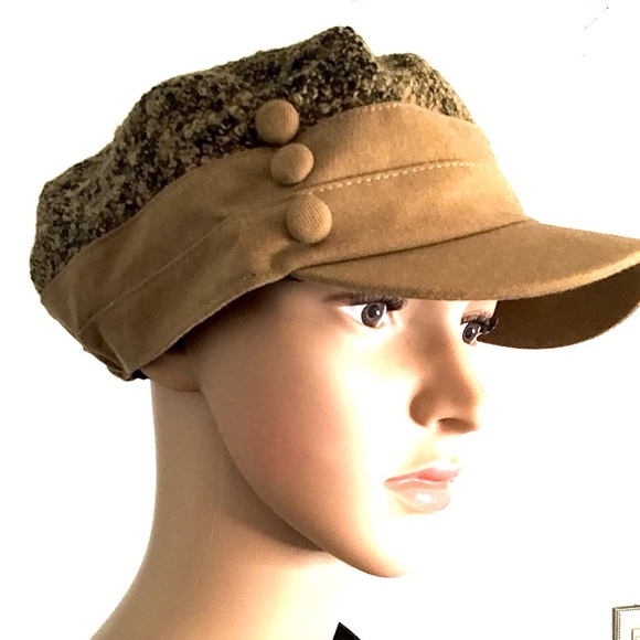 Women's Brown Baker Boy Hat Mixed Tweed & Fabric with 3 buttons on right side - Picture 1 of 9